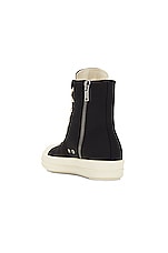 DRKSHDW by Rick Owens High Top Sneaks with Pentagram Embroidery in Black & Pearl, view 3, click to view large image.