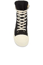DRKSHDW by Rick Owens High Top Sneaks with Pentagram Embroidery in Black & Pearl, view 4, click to view large image.