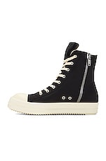 DRKSHDW by Rick Owens High Top Sneaks with Pentagram Embroidery in Black & Pearl, view 5, click to view large image.