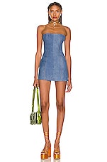 EB Denim Strapless Mini Dress in Light Medium, view 1, click to view large image.