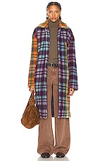 The Elder Statesman Felt Check Patchwork Coat in Camo & Berry, view 1, click to view large image.