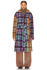The Elder Statesman Felt Check Patchwork Coat in Camo & Berry, view 2, click to view large image.