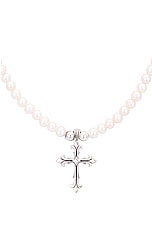 Emanuele Bicocchi Pearl Necklace With Fleury Cross in White, view 2, click to view large image.