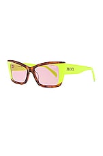 Emilio Pucci Cat Eye Acetate Sunglasses in Amber Havana, Acid Green, & Violet, view 2, click to view large image.