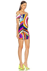 Emilio Pucci Off The Shoulder Mini Dress in Turchese & Viola, view 2, click to view large image.