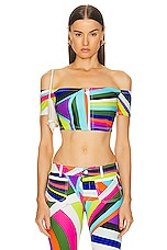 Emilio Pucci Off The Shoulder Crop Top in Turchese & Viola, view 1, click to view large image.