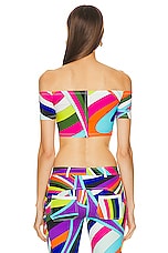 Emilio Pucci Off The Shoulder Crop Top in Turchese & Viola, view 3, click to view large image.