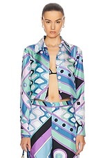 Emilio Pucci Crop Button Up Top in Celeste & Bianco, view 1, click to view large image.
