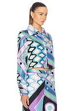 Emilio Pucci Crop Button Up Top in Celeste & Bianco, view 2, click to view large image.