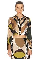 Emilio Pucci Crop Button Up Top in Khaki & Muschio, view 1, click to view large image.