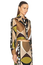 Emilio Pucci Crop Button Up Top in Khaki & Muschio, view 2, click to view large image.