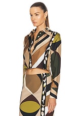 Emilio Pucci Crop Button Up Top in Khaki & Muschio, view 3, click to view large image.