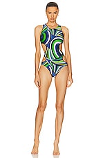 Emilio Pucci Cut Out One Piece Swimsuit in Verde & Avio, view 1, click to view large image.