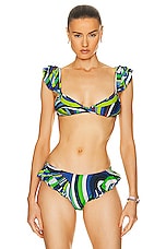 Emilio Pucci Ruffle Bikini Top in Verde & Avio, view 1, click to view large image.