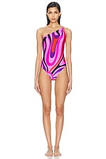 Emilio Pucci One Shoulder One Piece Swimsuit in Peonia & Rosso, view 1, click to view large image.