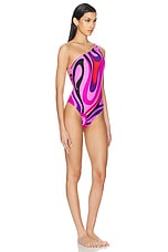 Emilio Pucci One Shoulder One Piece Swimsuit in Peonia & Rosso, view 2, click to view large image.