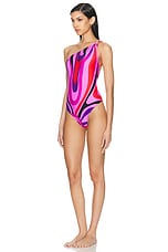 Emilio Pucci One Shoulder One Piece Swimsuit in Peonia & Rosso, view 3, click to view large image.