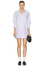 Enza Costa Poplin Mini Shirt Dress in White & Blue, view 1, click to view large image.