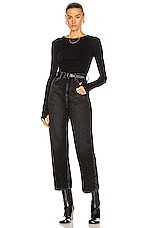 Enza Costa Cuffed Crew Cashmere-Blend Sweater in Black, view 4, click to view large image.
