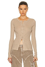 Enza Costa Cashmere Long Sleeve Cardigan in Khaki, view 1, click to view large image.