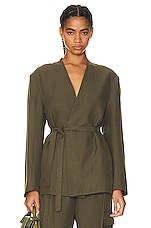 Enza Costa For Fwrd Twill Belted Jacket in Dark Olive, view 1, click to view large image.
