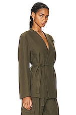 Enza Costa For Fwrd Twill Belted Jacket in Dark Olive, view 2, click to view large image.
