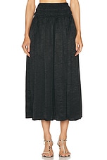 Enza Costa Textured Satin Smocked Skirt in Black, view 1, click to view large image.