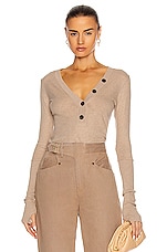 Enza Costa Cashmere Long Sleeve Cuffed Henley Top in Khaki, view 1, click to view large image.