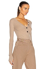 Enza Costa Cashmere Long Sleeve Cuffed Henley Top in Khaki, view 2, click to view large image.