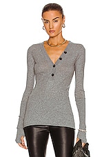 Enza Costa Cashmere Long Sleeve Cuffed Henley Top in Smoke, view 1, click to view large image.