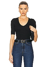 Enza Costa Textured Rib Half Sleeve U Tee in Black, view 1, click to view large image.