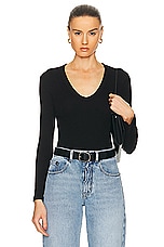 Enza Costa Textured Rib Long Sleeve U Top in Black, view 1, click to view large image.