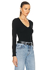 Enza Costa Textured Rib Long Sleeve U Top in Black, view 2, click to view large image.