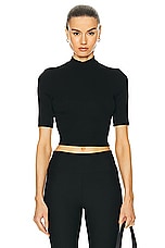Enza Costa Silk Rib Cropped Half Sleeve Mock Neck Top in Black, view 1, click to view large image.
