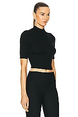 Enza Costa Silk Rib Cropped Half Sleeve Mock Neck Top in Black, view 2, click to view large image.