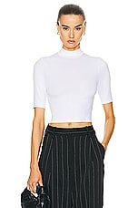 Enza Costa Silk Rib Cropped Half Sleeve Mock Neck Top in White, view 1, click to view large image.