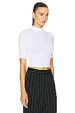 Enza Costa Silk Rib Cropped Half Sleeve Mock Neck Top in White, view 2, click to view large image.
