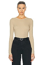 Enza Costa Scallop Edge Pointelle Long Sleeve Crew Top in Tan, view 1, click to view large image.
