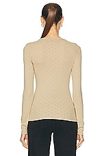 Enza Costa Scallop Edge Pointelle Long Sleeve Crew Top in Tan, view 3, click to view large image.