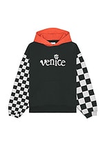 ERL Men Venice Checker Sleeve Hoodie in Black Checker, view 1, click to view large image.