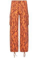 ERL Unisex Printed Cargo Pants Woven in Orange Flame, view 1, click to view large image.