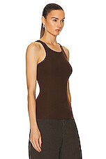 Eterne High Neck Fitted Tank Top in Chocolate, view 2, click to view large image.