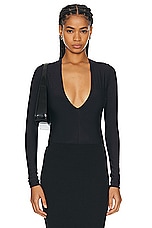 Eterne Long Sleeve Deep V Bodysuit in Black, view 1, click to view large image.