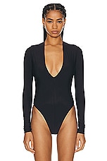 Eterne Long Sleeve Deep V Bodysuit in Black, view 2, click to view large image.
