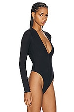 Eterne Long Sleeve Deep V Bodysuit in Black, view 3, click to view large image.