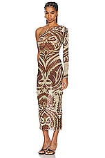 Etro One Sleeve Midi Dress in Print On Beige Base, view 3, click to view large image.