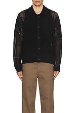 FRAME Tonal Crochet Cardigan in Black, view 3, click to view large image.