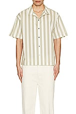 FRAME Camp Collar Shirt in Smoke Beige Stripe, view 3, click to view large image.