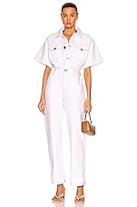 FRAME Oversized Detail Denim Jumpsuit in Rumpled Blanc, view 1, click to view large image.