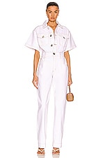 FRAME Oversized Detail Denim Jumpsuit in Rumpled Blanc, view 2, click to view large image.